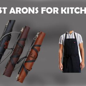 kitchen aprons hanging on a rustic wooden wall. The aprons feature different colors and patterns, showcasing styles from modern minimalist to classic checkered designs. Some have handy pockets, perfect for holding cooking tools and recipes, making them ideal for home cooks and professional chefs alike