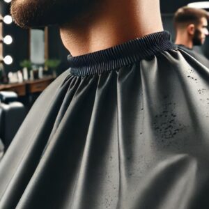 A barber cape with an elastic neck draped over a client in a modern barbershop. The cape is dark, lightweight, and water-resistant, covering the client from shoulders to below the knees. The elastic neckband fits snugly around the client's neck, providing a comfortable closure. The background features a clean salon with mirrors and barber tools.