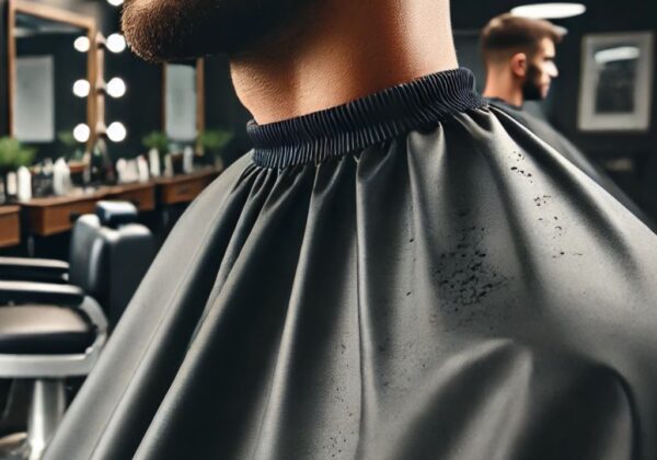 A barber cape with an elastic neck draped over a client in a modern barbershop. The cape is dark, lightweight, and water-resistant, covering the client from shoulders to below the knees. The elastic neckband fits snugly around the client's neck, providing a comfortable closure. The background features a clean salon with mirrors and barber tools.