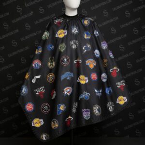 NBA barber cape is a stylish and eye-catching haircut cape featuring popular basketball team logos, perfect for sports fans. It provides full coverage, lightweight comfort, and a professional look for barbershops.