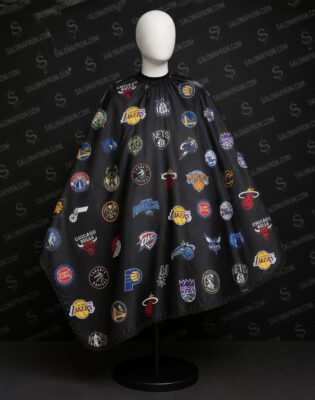 NBA barber cape is a stylish and eye-catching haircut cape featuring popular basketball team logos, perfect for sports fans. It provides full coverage, lightweight comfort, and a professional look for barbershops.